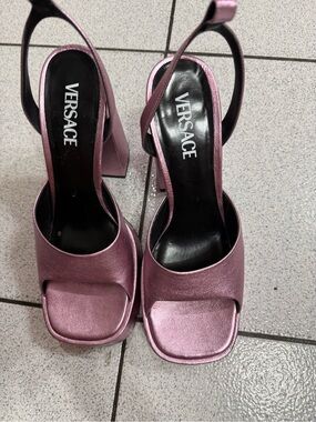 Versace Metallic Rose-Pink Slingback Platform Heels